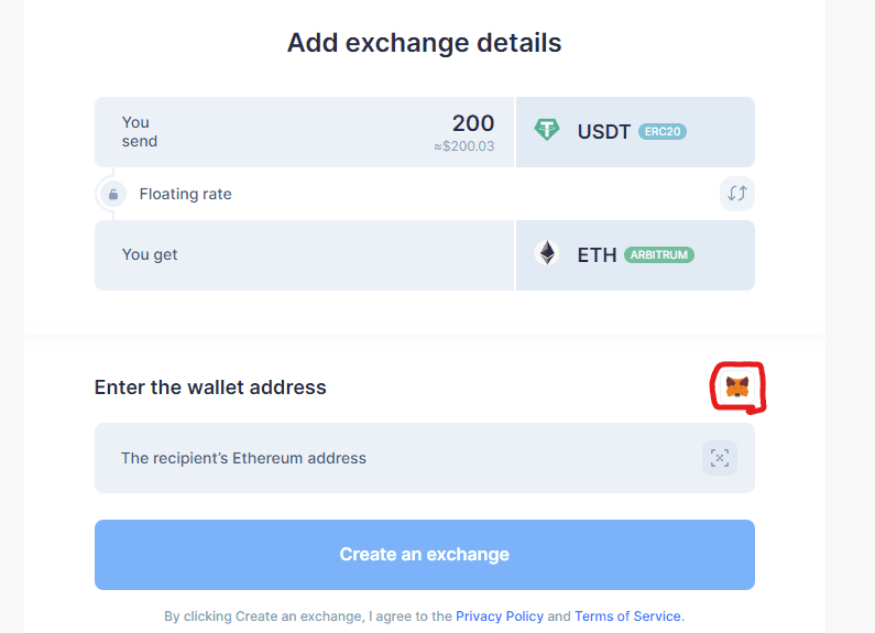 Swap USDT to ETH(Arbitrum) with Simpleswap