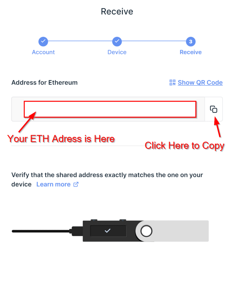 Copy your Ledger's Ethereum Address