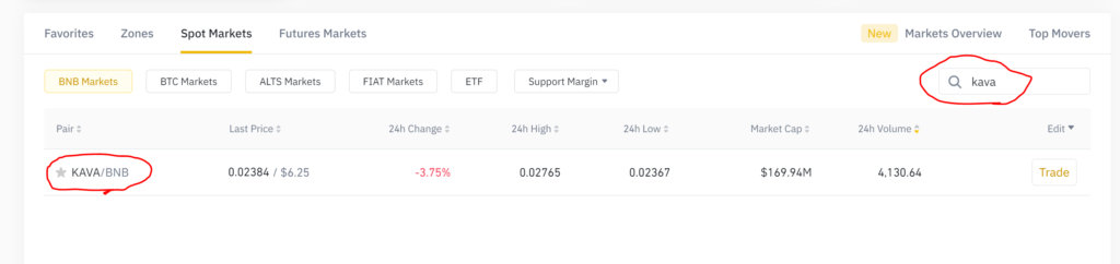 KAVA - BNB pair on Binance