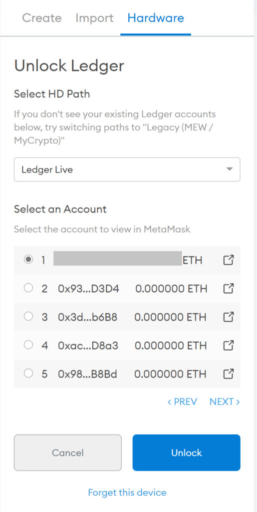 Select and Unlock Ledger Wallet