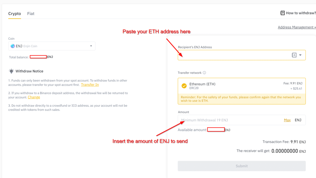 Withdraw ENJ from Binance to Ledger