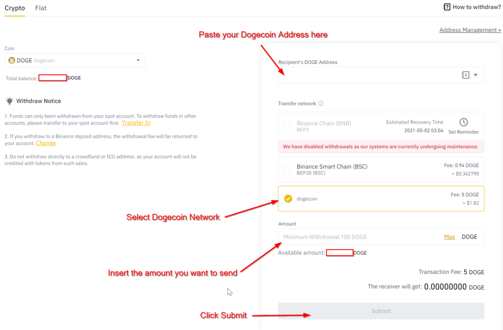 Withdraw DOGE from Binance